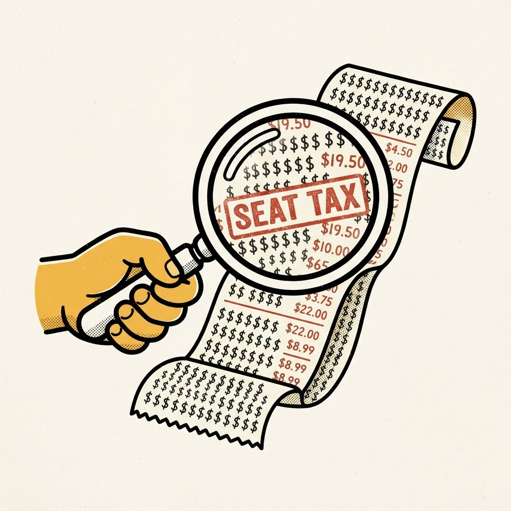 A magnifying glass held over a long price receipt stamped with a red seat tax mark