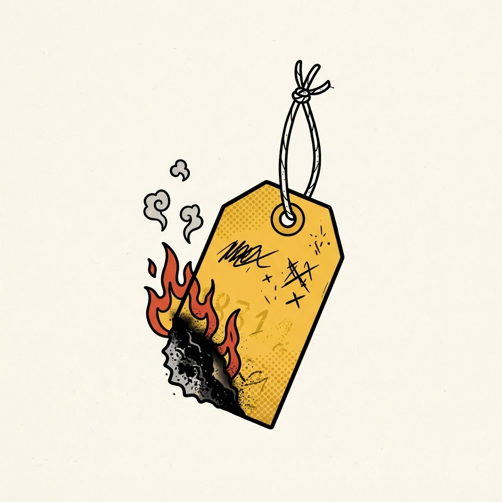 A price tag scorched at the corner with small flame doodles
