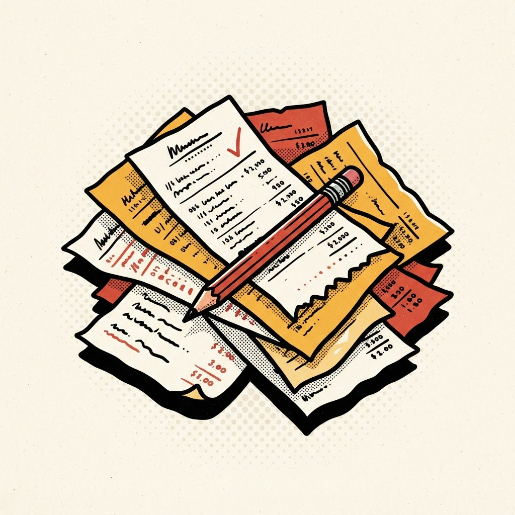 A fanned stack of dated receipts with a red pencil and a single checkmark